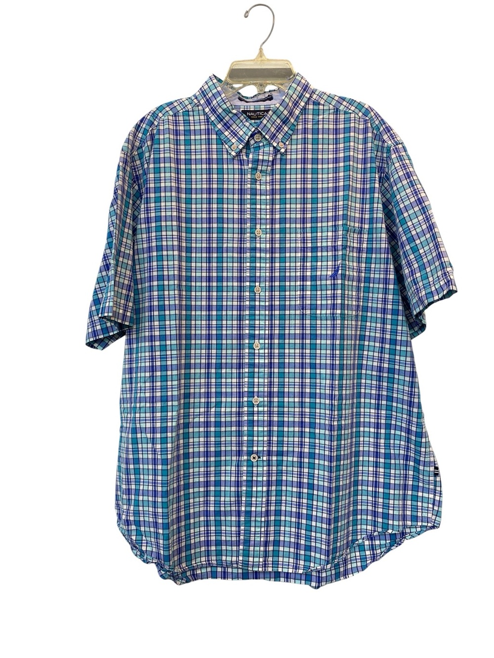 Nautica Classic Men's XL Blue Teal Plaid Short-Sleeve Button-Down Cotton Shirt